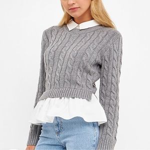 Grey Cable Knit Sweater with White shirt details sewn in. Size Medium